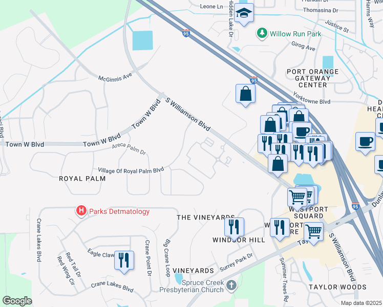 map of restaurants, bars, coffee shops, grocery stores, and more near 5400 South Williamson Boulevard in Port Orange