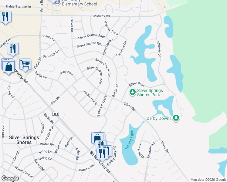 map of restaurants, bars, coffee shops, grocery stores, and more near 607 Bahia Circle in Ocala