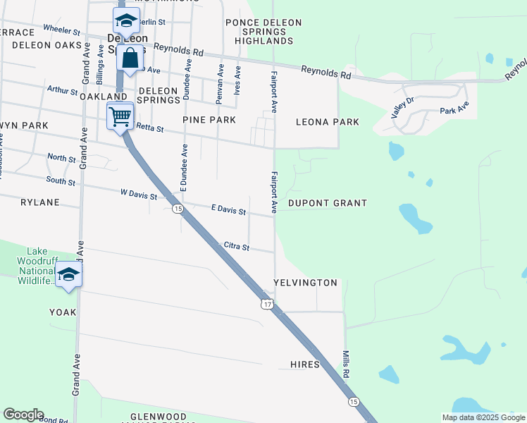 map of restaurants, bars, coffee shops, grocery stores, and more near 275 East Davis Street in De Leon Springs