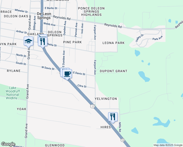 map of restaurants, bars, coffee shops, grocery stores, and more near 275 East Davis Street in De Leon Springs