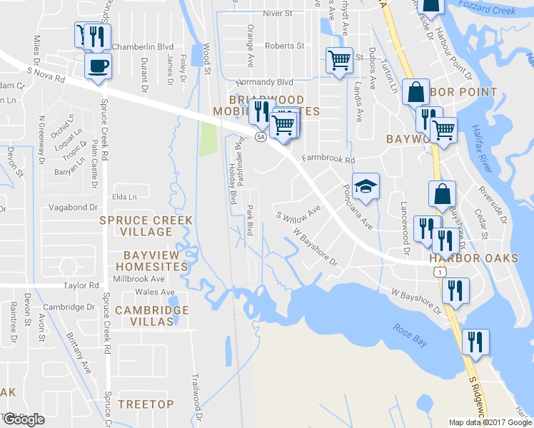 map of restaurants, bars, coffee shops, grocery stores, and more near 425 South Willow Avenue in Port Orange