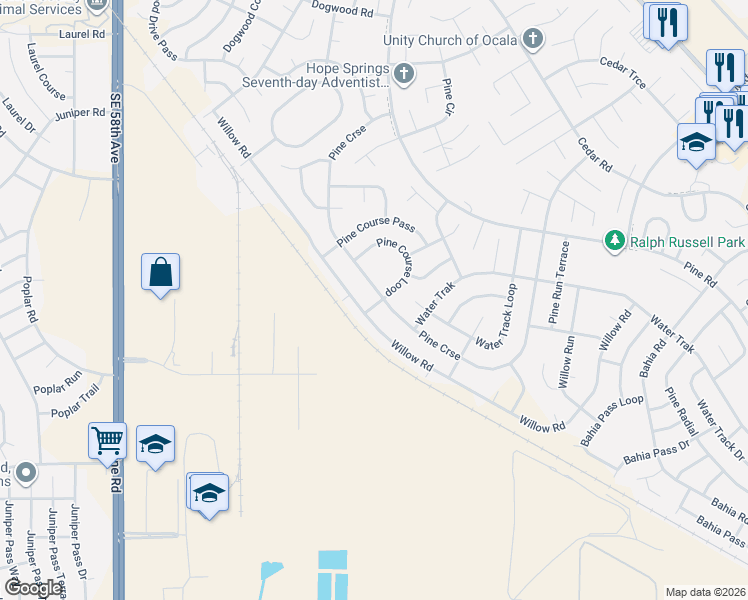 map of restaurants, bars, coffee shops, grocery stores, and more near 41 Pine Course Loop in Ocala
