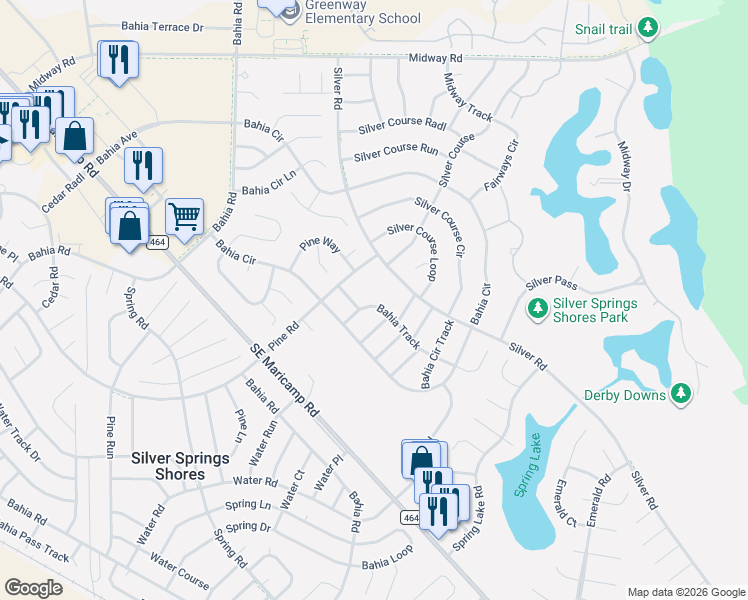 map of restaurants, bars, coffee shops, grocery stores, and more near 311 Bahia Track in Ocala