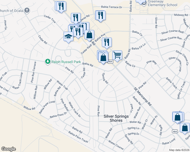 map of restaurants, bars, coffee shops, grocery stores, and more near 8 Bahia Terrace in Ocala