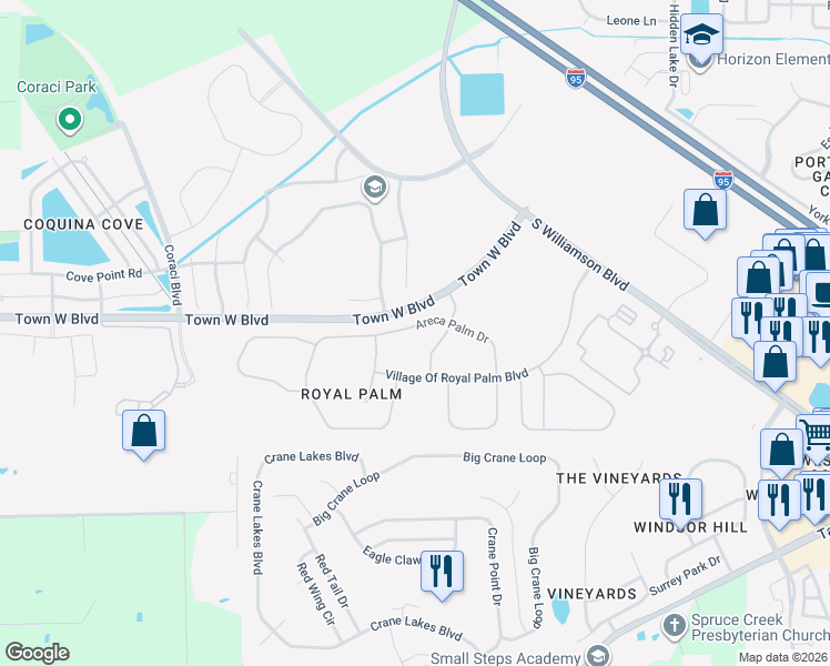 map of restaurants, bars, coffee shops, grocery stores, and more near 1454 Areca Palm Drive in Port Orange