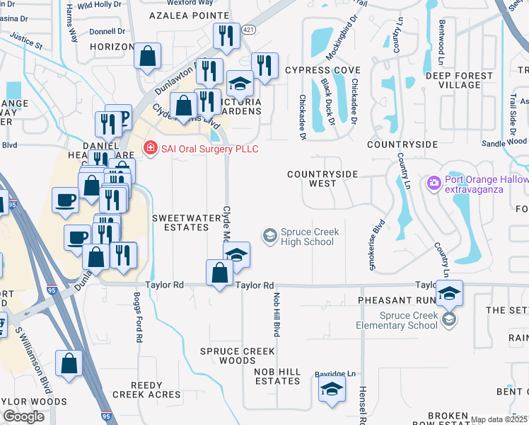 map of restaurants, bars, coffee shops, grocery stores, and more near 801 Taylor Road in Port Orange