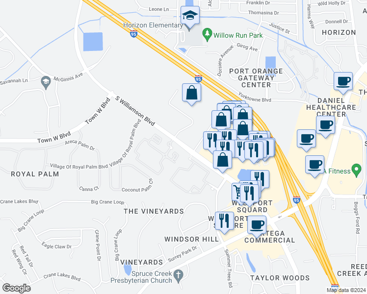 map of restaurants, bars, coffee shops, grocery stores, and more near 5352-5398 S Williamson Blvd in Port Orange