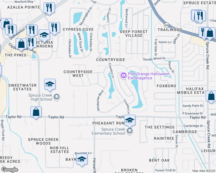 map of restaurants, bars, coffee shops, grocery stores, and more near 938 Smokerise Boulevard in Port Orange