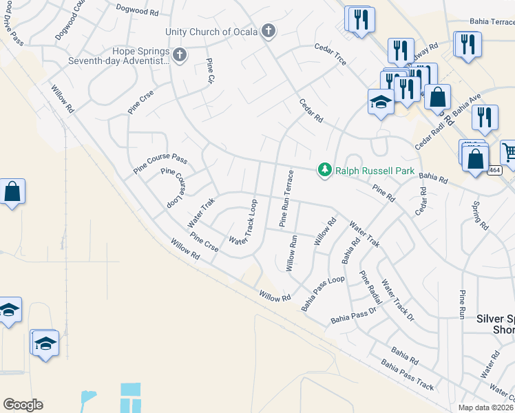 map of restaurants, bars, coffee shops, grocery stores, and more near 21 Water Track Loop in Ocala