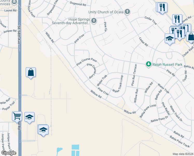 map of restaurants, bars, coffee shops, grocery stores, and more near 108 Pine Course in Ocala