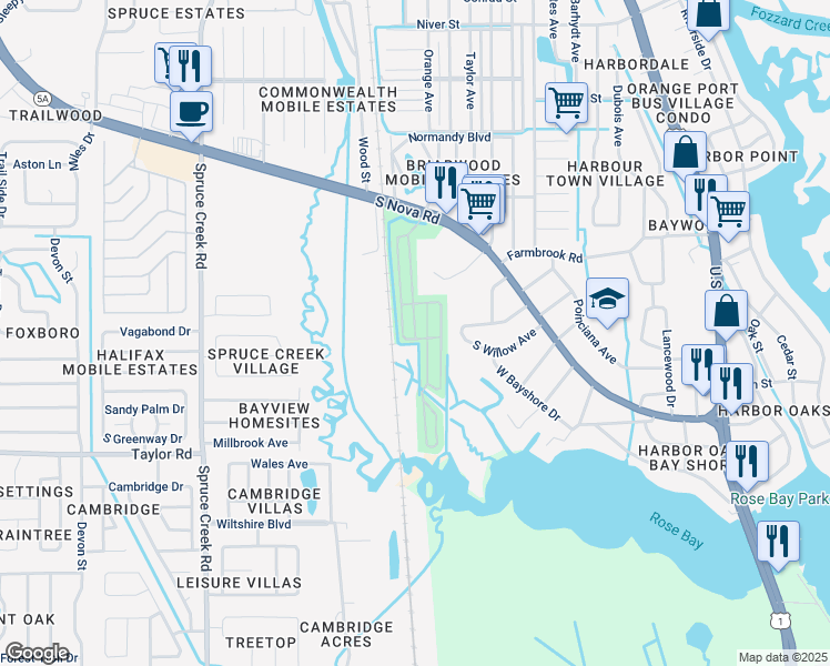 map of restaurants, bars, coffee shops, grocery stores, and more near 425 South Willow Avenue in Port Orange