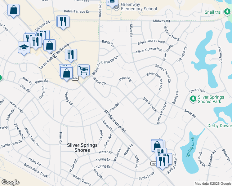 map of restaurants, bars, coffee shops, grocery stores, and more near 9 Bahia Circle Way in Ocala