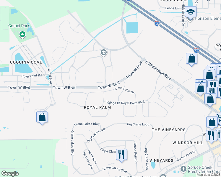 map of restaurants, bars, coffee shops, grocery stores, and more near 1454 Areca Palm Drive in Port Orange