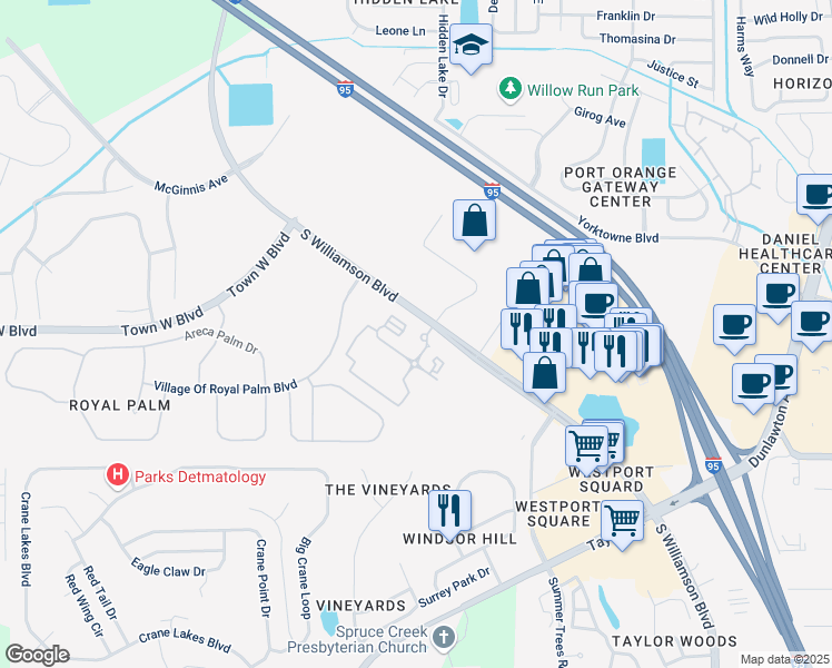 map of restaurants, bars, coffee shops, grocery stores, and more near 5400 South Williamson Boulevard in Port Orange