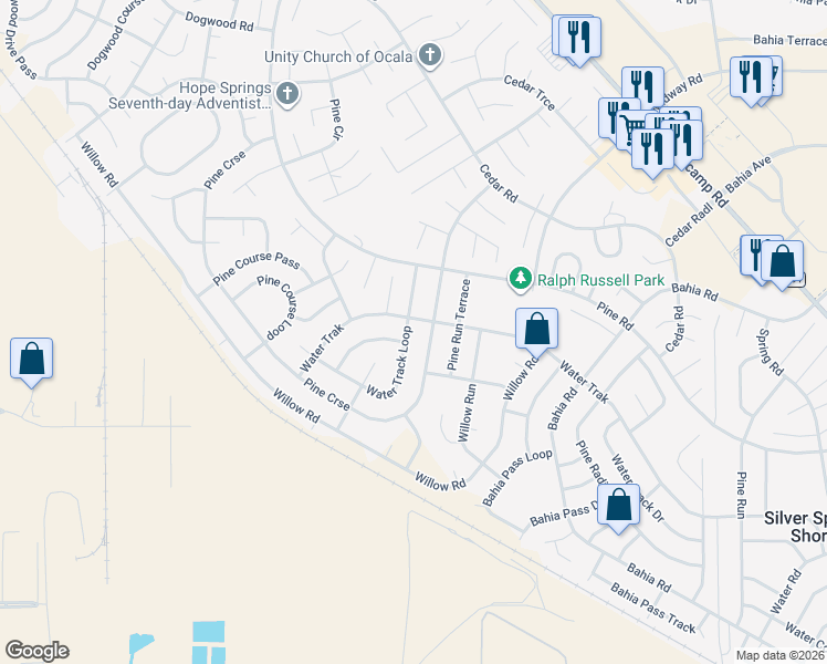 map of restaurants, bars, coffee shops, grocery stores, and more near 21 Water Track Loop in Ocala