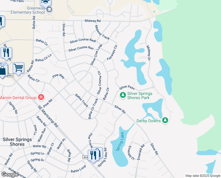 map of restaurants, bars, coffee shops, grocery stores, and more near 619 Silver Pass in Ocala