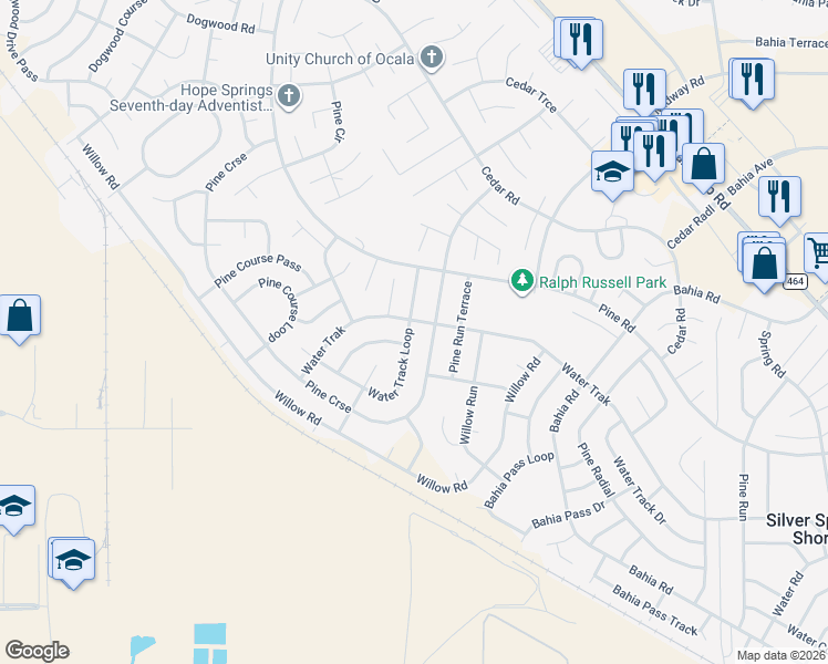 map of restaurants, bars, coffee shops, grocery stores, and more near 21 Water Track Loop in Ocala