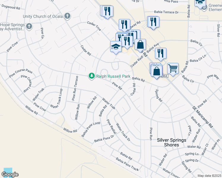 map of restaurants, bars, coffee shops, grocery stores, and more near 6 Bahia Court Lane in Ocala