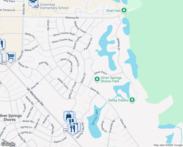 map of restaurants, bars, coffee shops, grocery stores, and more near 619 Silver Pass in Ocala