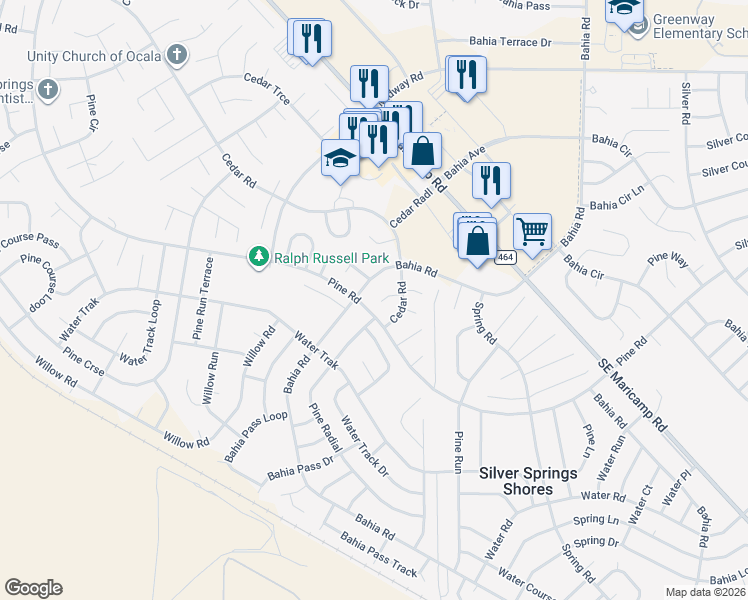 map of restaurants, bars, coffee shops, grocery stores, and more near 4 Pine Radial in Ocala