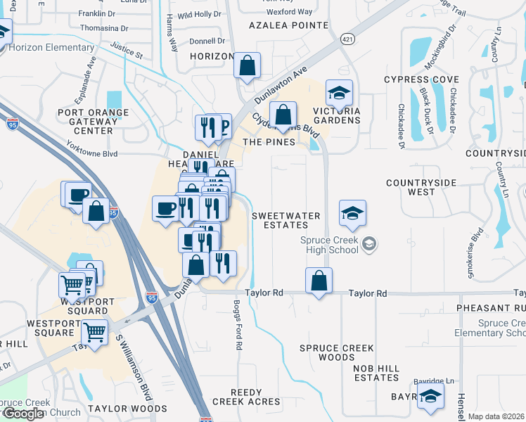 map of restaurants, bars, coffee shops, grocery stores, and more near 5760 Sweetwater Boulevard in Port Orange