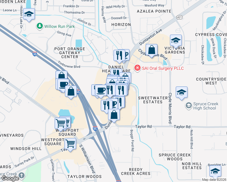 map of restaurants, bars, coffee shops, grocery stores, and more near 1731 Dunlawton Avenue in Port Orange