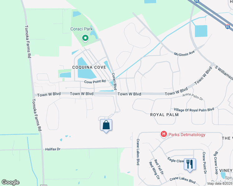 map of restaurants, bars, coffee shops, grocery stores, and more near 5342 Oak Breeze Avenue in Port Orange