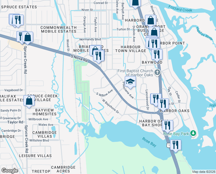 map of restaurants, bars, coffee shops, grocery stores, and more near 5399 South Nova Road in Port Orange