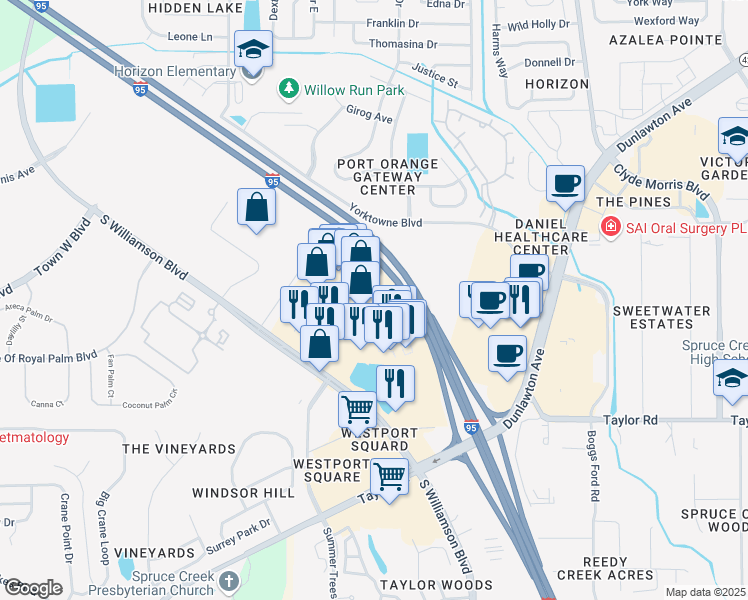 map of restaurants, bars, coffee shops, grocery stores, and more near 5519 South Williamson Boulevard in Port Orange