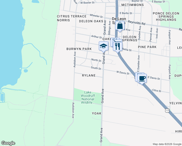 map of restaurants, bars, coffee shops, grocery stores, and more near 424 South Street in De Leon Springs