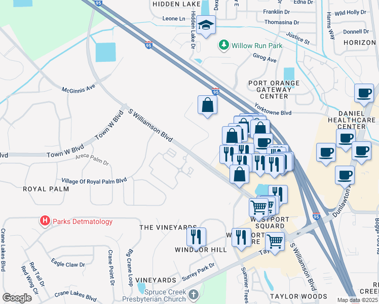 map of restaurants, bars, coffee shops, grocery stores, and more near 5352 South Williamson Boulevard in Port Orange