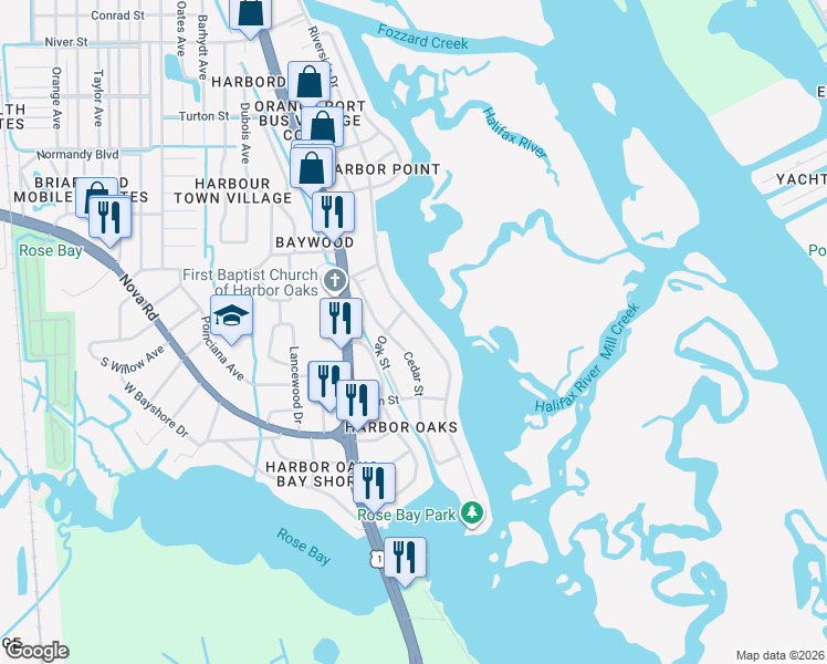 map of restaurants, bars, coffee shops, grocery stores, and more near 5817 Riverside Drive in Port Orange