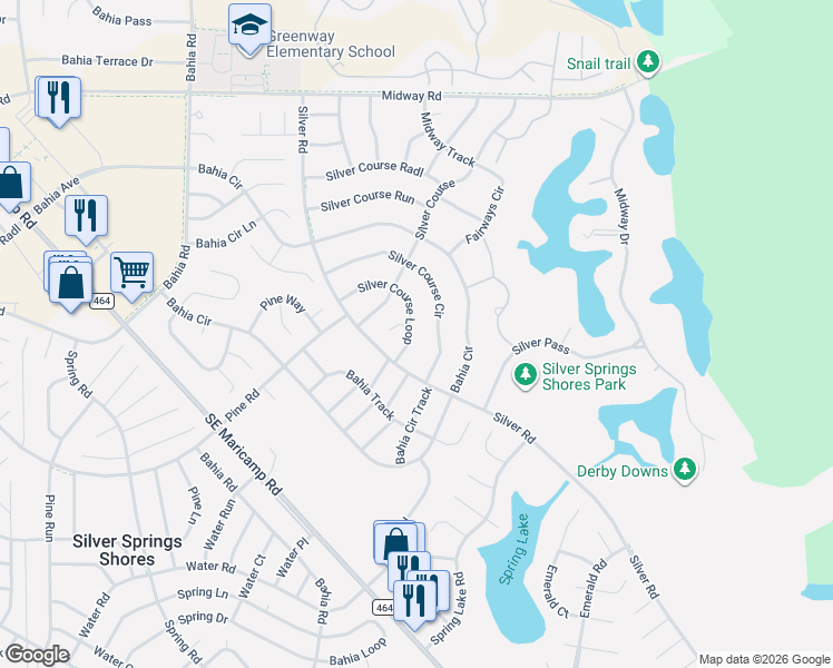 map of restaurants, bars, coffee shops, grocery stores, and more near 566 Silver Course Loop in Ocala