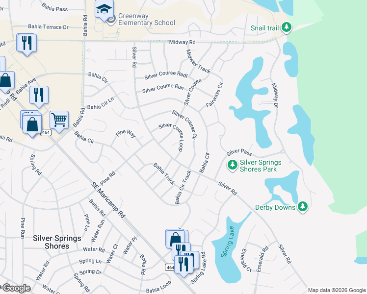 map of restaurants, bars, coffee shops, grocery stores, and more near 566 Silver Course Loop in Ocala