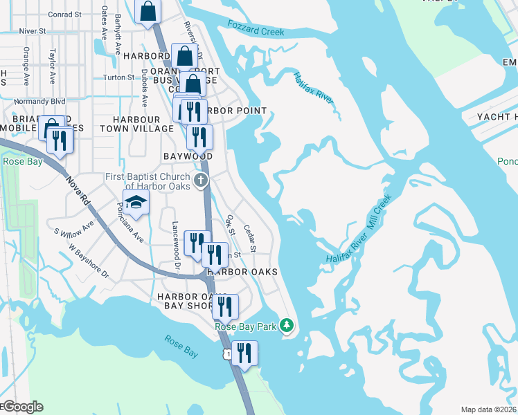 map of restaurants, bars, coffee shops, grocery stores, and more near 5817 Riverside Drive in Port Orange