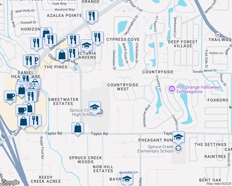map of restaurants, bars, coffee shops, grocery stores, and more near 967 Countryside West Boulevard in Port Orange