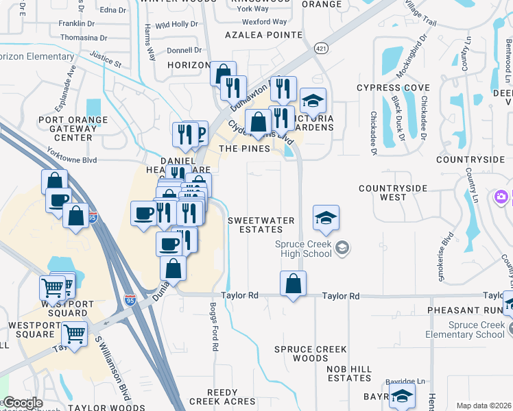 map of restaurants, bars, coffee shops, grocery stores, and more near 5743 Sweetwater Boulevard in Port Orange