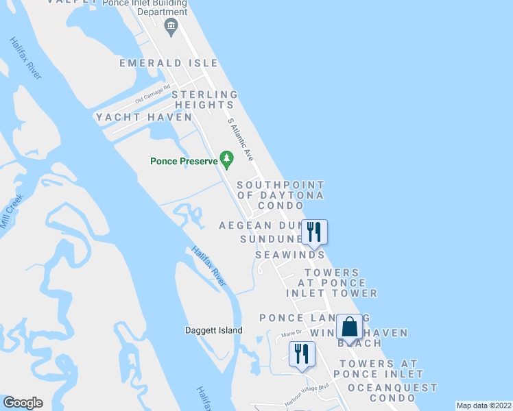 map of restaurants, bars, coffee shops, grocery stores, and more near 44 Ashley Court in Port Orange