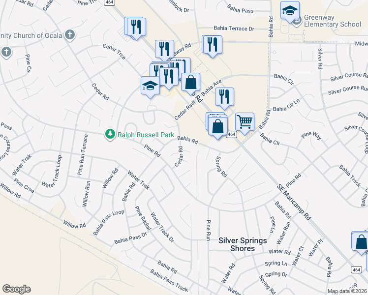 map of restaurants, bars, coffee shops, grocery stores, and more near 1 Cedar Place in Ocala