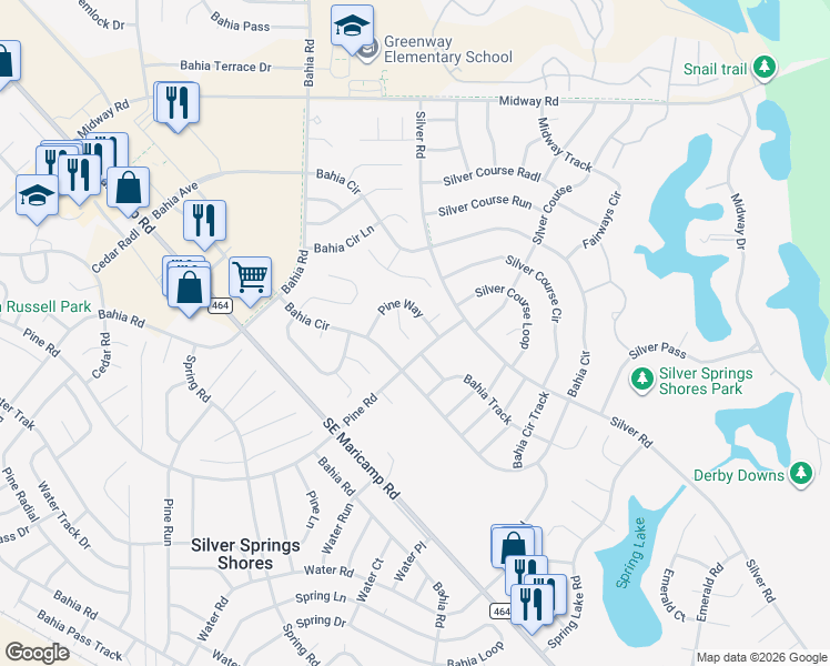 map of restaurants, bars, coffee shops, grocery stores, and more near 9 Pine Way Place in Ocala