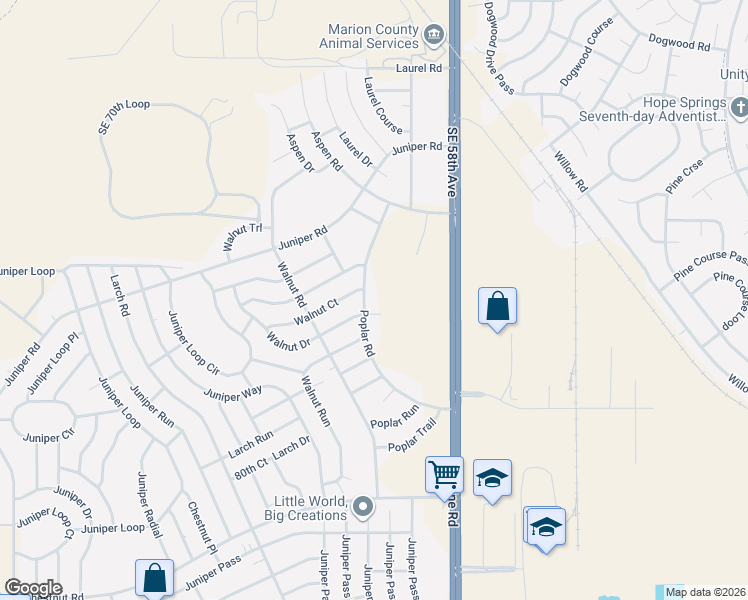 map of restaurants, bars, coffee shops, grocery stores, and more near 28 Poplar Road in Ocala