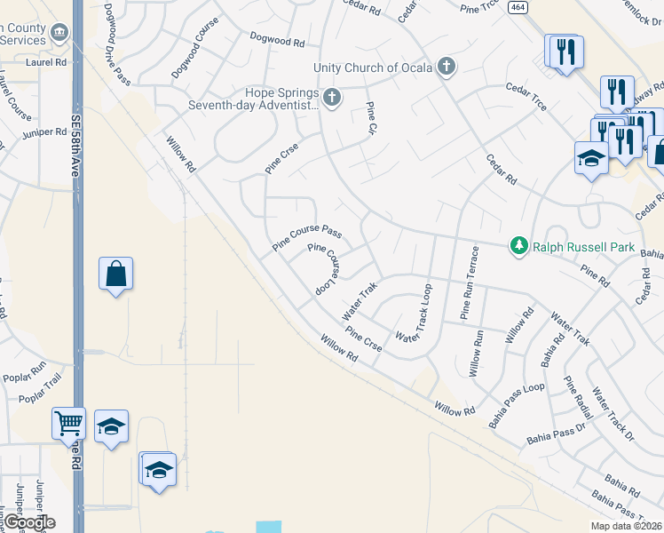 map of restaurants, bars, coffee shops, grocery stores, and more near 25 Pine Course Loop in Ocala