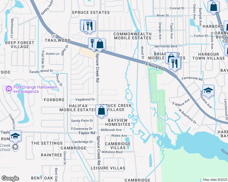 map of restaurants, bars, coffee shops, grocery stores, and more near 56 Lawrence Court in Port Orange