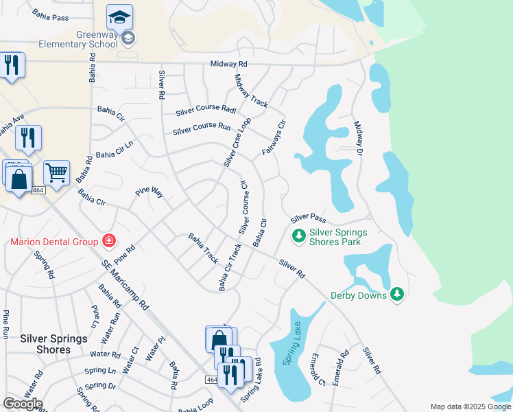 map of restaurants, bars, coffee shops, grocery stores, and more near 587 Bahia Cir in Ocala