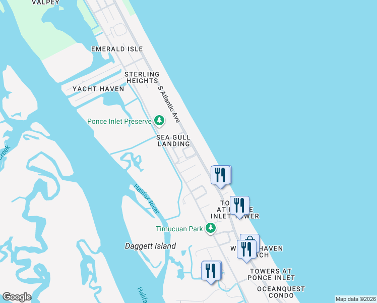 map of restaurants, bars, coffee shops, grocery stores, and more near 44 Ashley Court in Port Orange