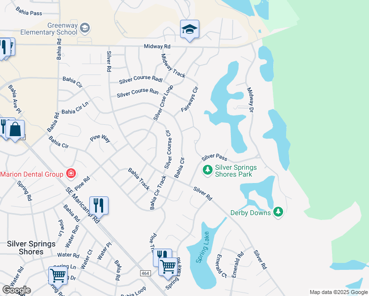 map of restaurants, bars, coffee shops, grocery stores, and more near 587 Bahia Circle in Ocala