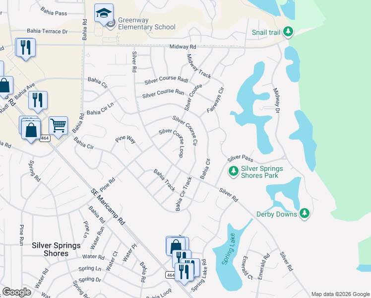 map of restaurants, bars, coffee shops, grocery stores, and more near 566 Silver Course Loop in Ocala