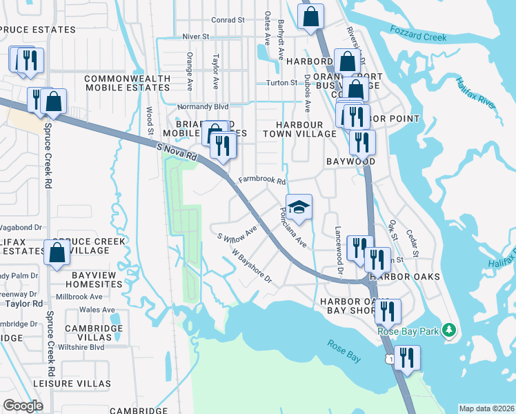 map of restaurants, bars, coffee shops, grocery stores, and more near 5399 South Nova Road in Port Orange