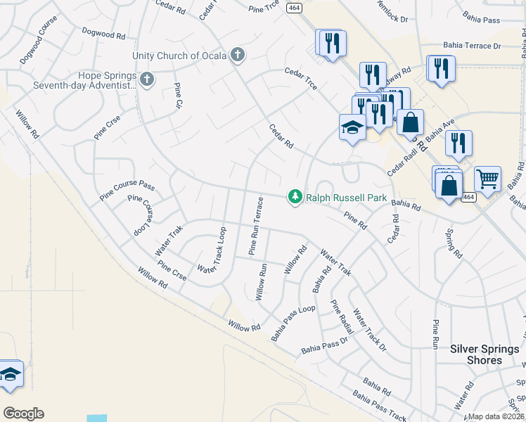 map of restaurants, bars, coffee shops, grocery stores, and more near 11 Pine Run Terrace in Ocala