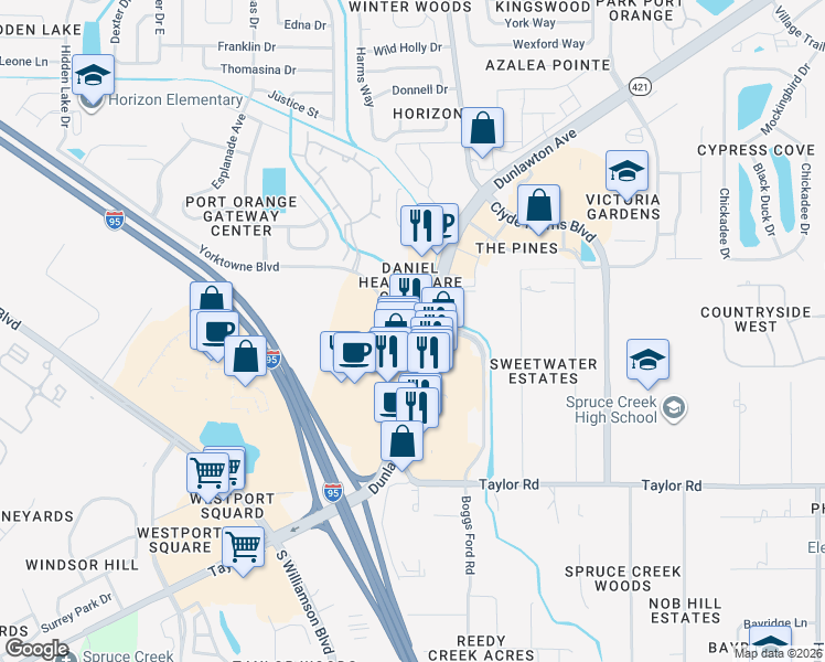 map of restaurants, bars, coffee shops, grocery stores, and more near 1711 Dunlawton Avenue in Port Orange